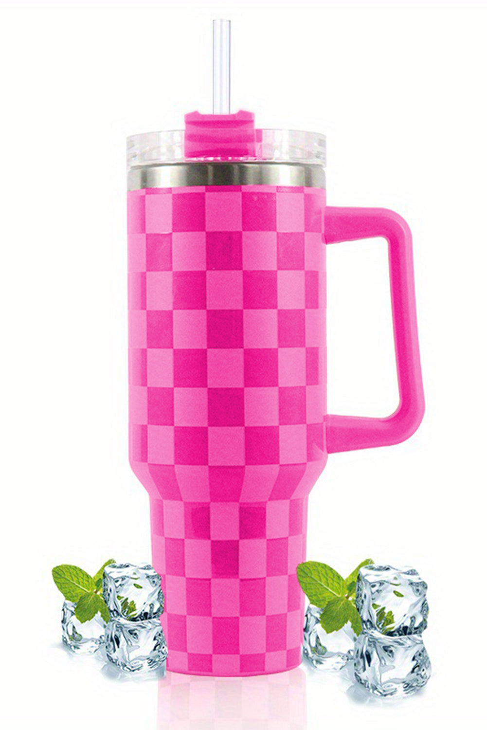 Pink Checkered Print Handled Stainless Steel Tumbler Cup