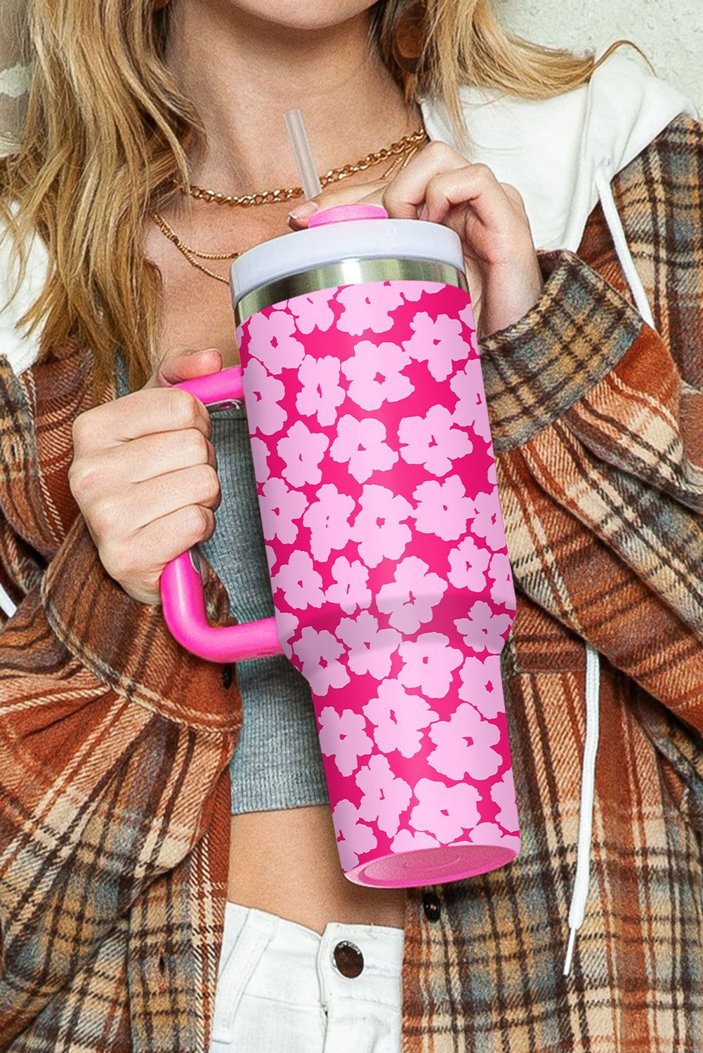 Rose Red Floral Print Stainless Cup with Straw & Lid