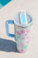 Beau Blue Cute Flower Print Handled Cup with Straw 40oz