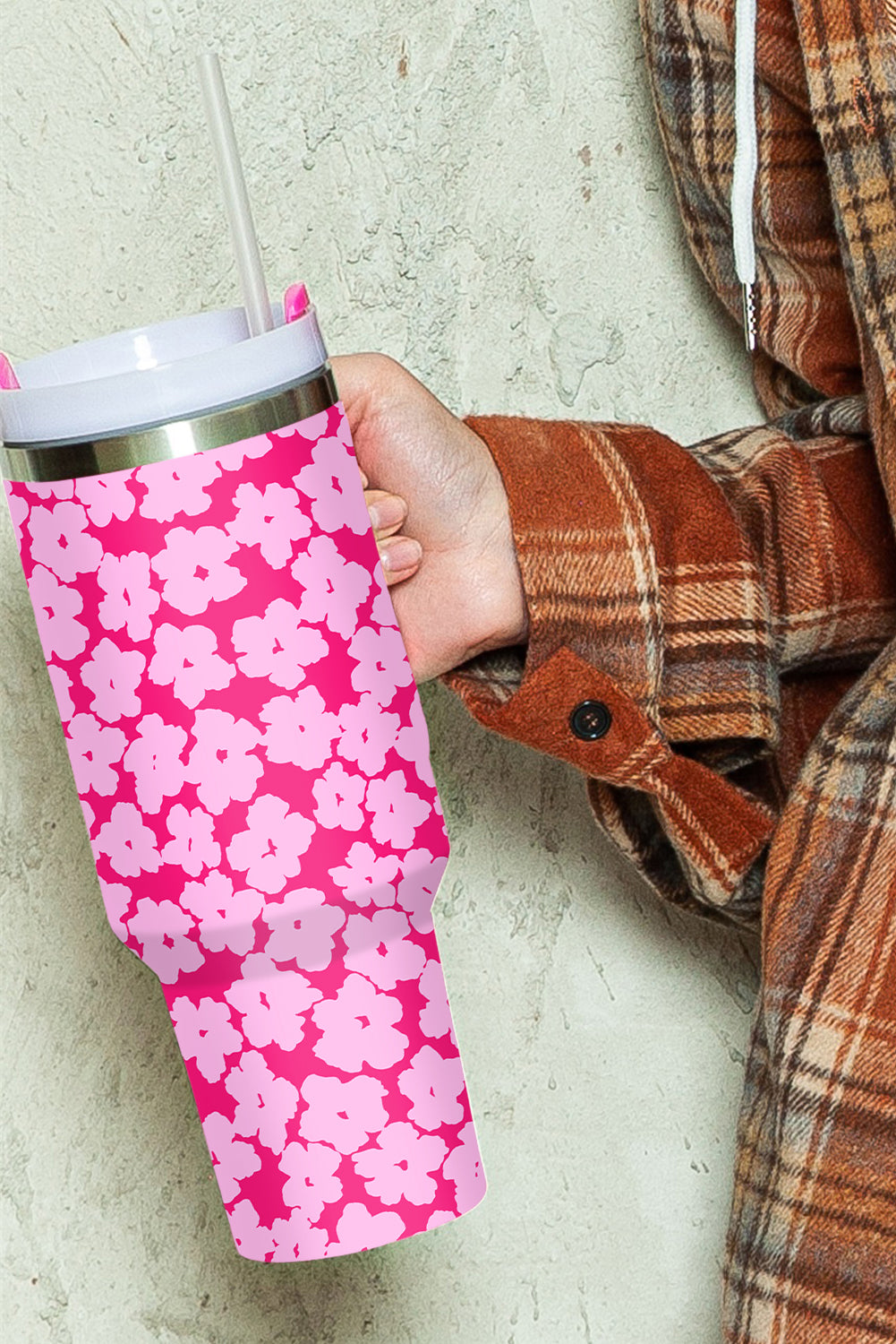 Rose Red Floral Print Stainless Cup with Straw & Lid