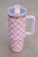 Pink Two-Tone Checkered Stainless Cup With Handle 40oz