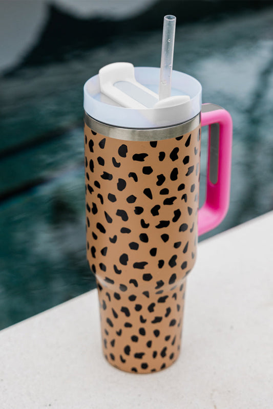 Brown Leopard Printed Handled Cup with Straw 40oz