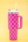 Pink Checkered Print Handled Stainless Steel Tumbler Cup